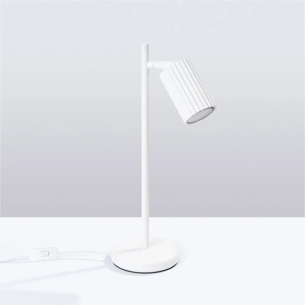 Lampe a poser karbon blanc avec corps cylindrique et abat-jour cannelé design minimaliste et ampoules gu10 interchangeables