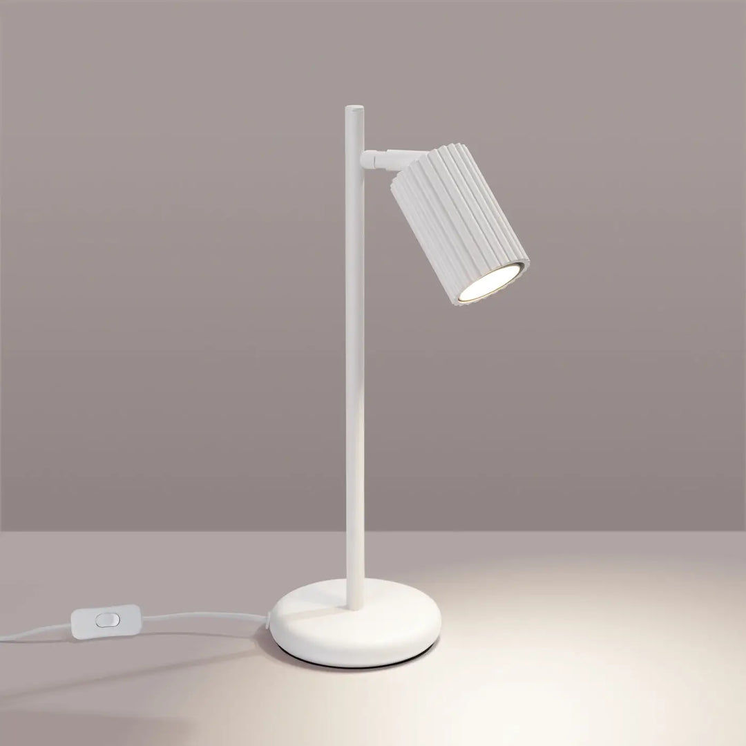Lampe a poser karbon blanc avec tête cylindrique nervurée et ampoules gu10 interchangeables design minimaliste