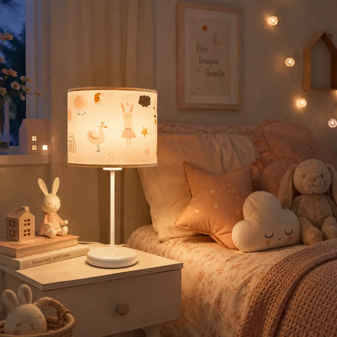 Lampe de table sweet dreams orange blanc avec abat-jour cylindrique doux décor lapin tendre et étoiles pastel