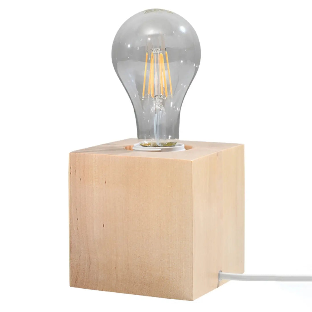 Lampe de table avec ampoule en verre clair et base cube en bois clair bureau ariz bois ariz