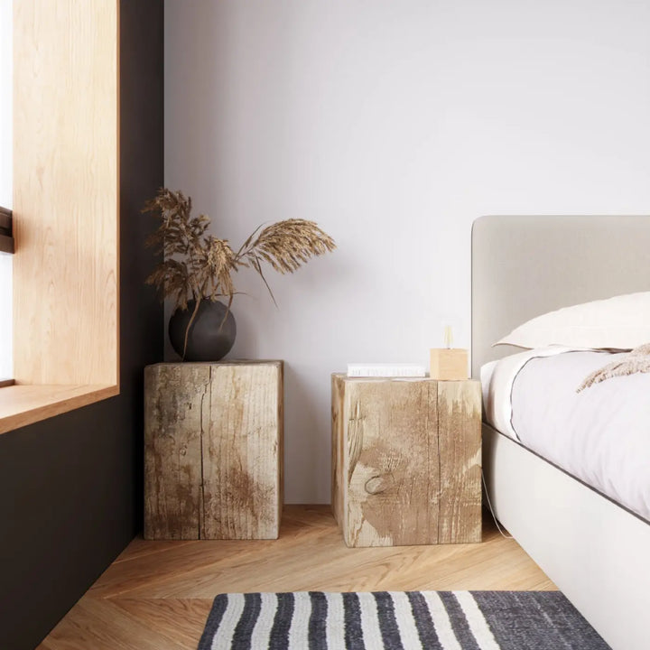 Rustic wooden nightstands with visible grain and weathered texture from bois ariz collection for bureau ariz style