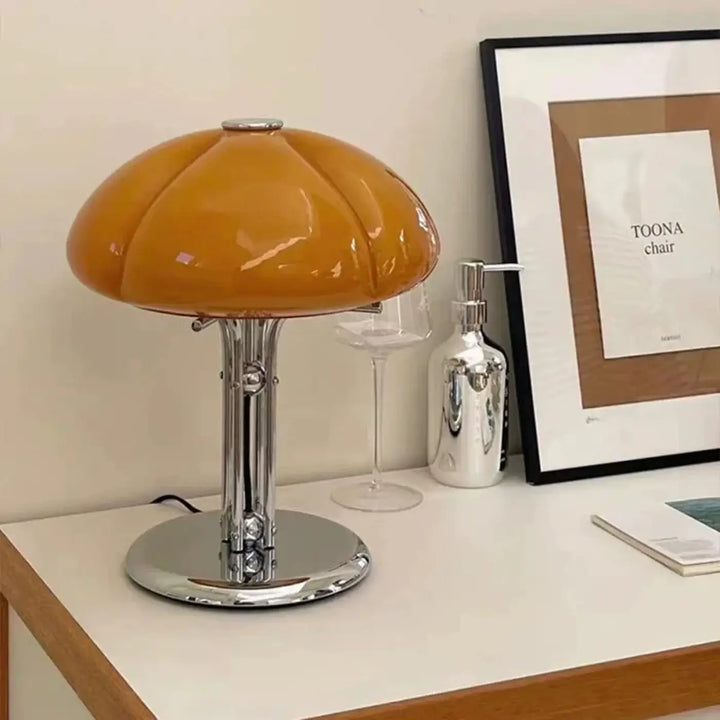 Lampe de table hala champignon orange vif en verre brillant avec base et tige chrome charme rétro moderne