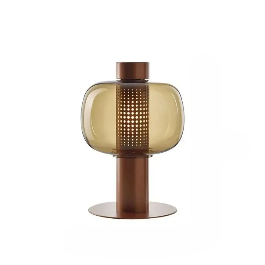 Lampe de table vetra en verre coloré ambre avec base en métal cuivre design moderne pour table contemporaine