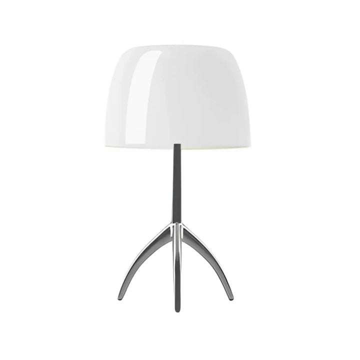 Lampe de table Lakko avec abat-jour blanc brillant sur pied trépied en chrome élégant