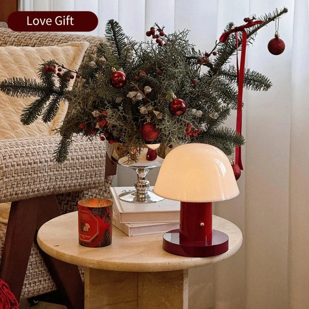 Lampe de table nacra avec base cylindrique rouge brillante et abat-jour champignon crème pour décoration intérieure design