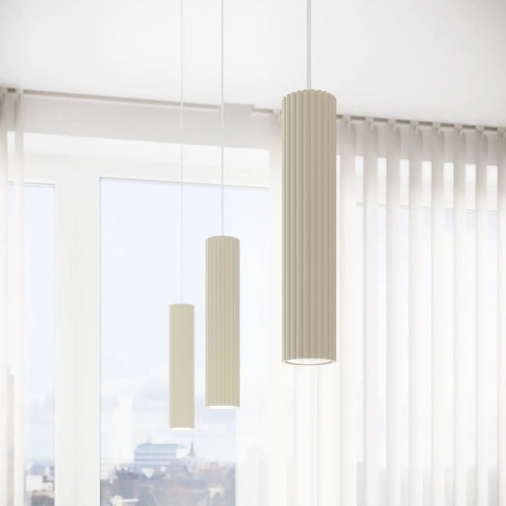 Lampe a poser karbon beige cylindrique avec rainures verticales design minimaliste et ampoules gu10 interchangeables