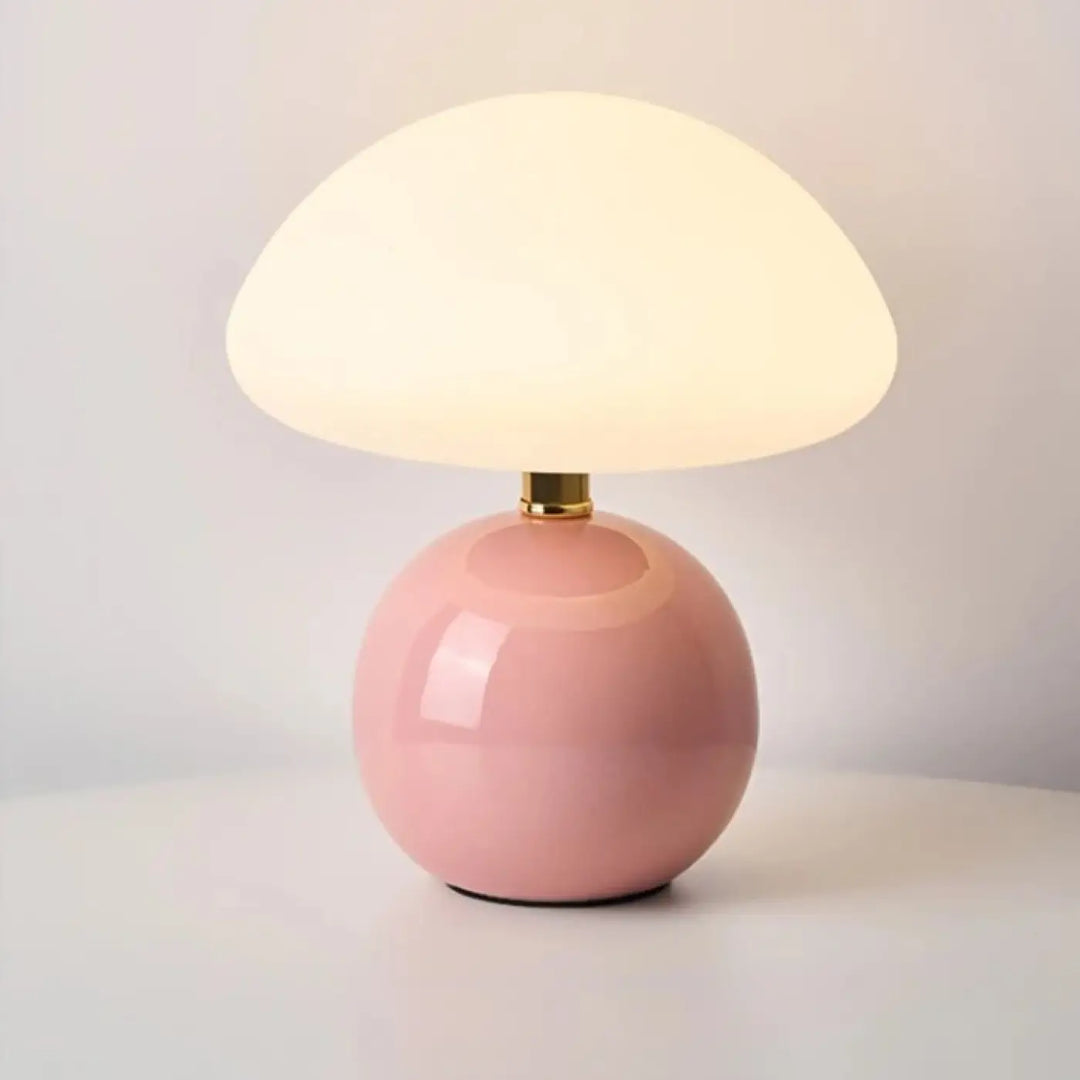 Lampe de table agaris design champignon rose doux sphérique avec abat-jour en verre dépoli en forme de nuage
