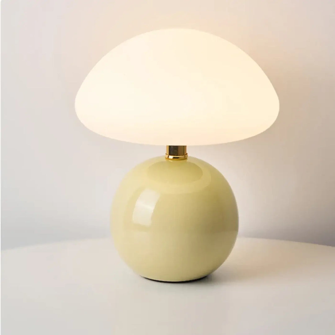 Lampe de table agaris design champignon crème sphérique avec abat-jour en verre dépoli lisse et brillant