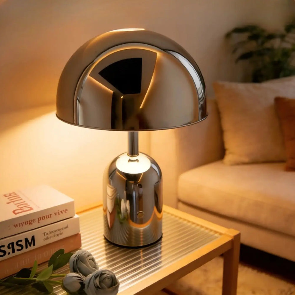 Lampe de table moderna à abat en chrome brillant avec design champignon et reflets miroir pour table moderne