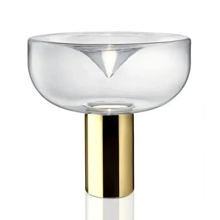 Lampe de table gloss avec bol en verre clair et base cylindrique dorée pour décoration intérieure design sculptural
