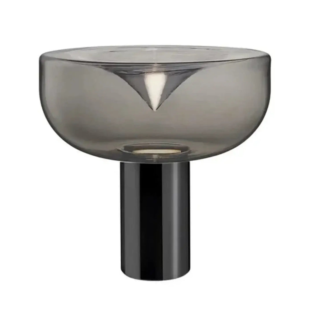 Lampe de table gloss avec abat-jour en verre fumé gris translucide et base métallique noire design sculptural pour décoration intérieure