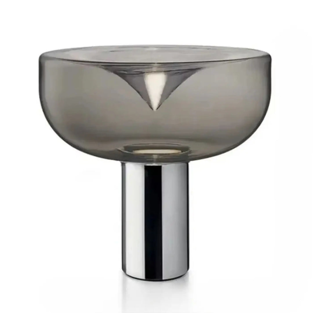 Lampe de table gloss en verre fumé gris translucide avec base chrome et découpe triangulaire pour décoration intérieure design sculptural