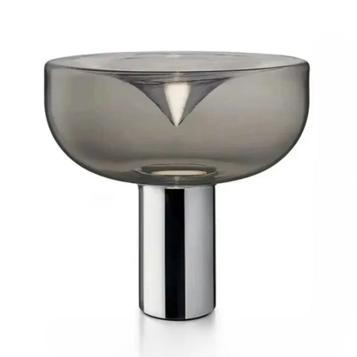 Lampe de table gloss en verre fumé gris translucide avec base chrome et découpe triangulaire pour décoration intérieure design sculptural