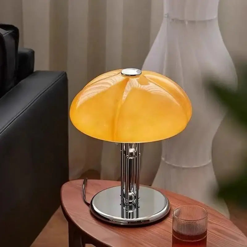Lampe de table vintage orange en verre avec pied chrome