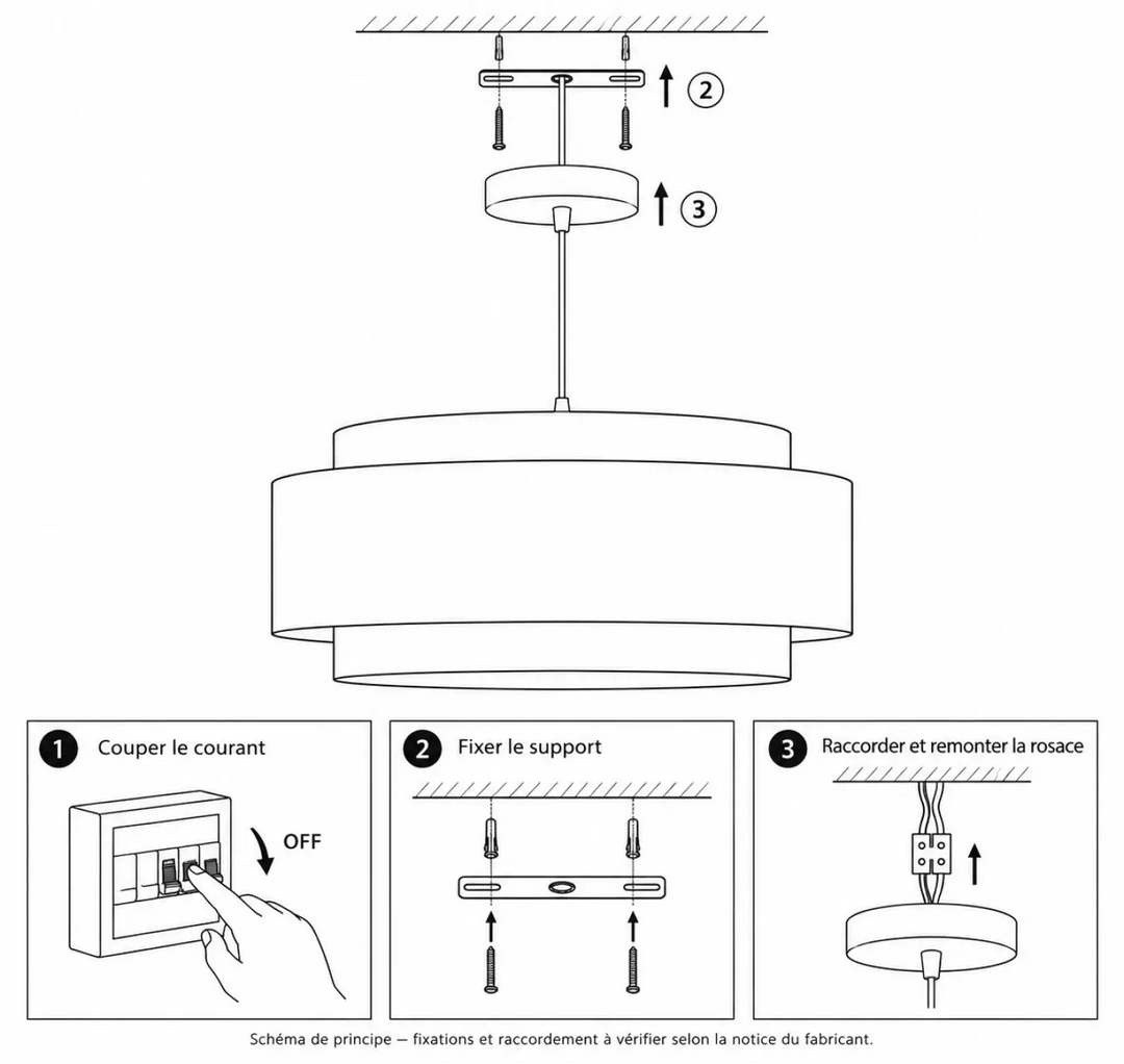 Diagramme dinstallation dun plafonnier beige crème design rotin élégant avec abat-jour cylindrique en tissu beige crème