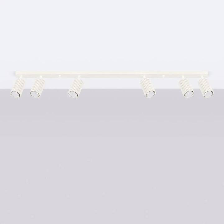 Luminaire plafonnier karbon allie beige design minimaliste avec six ampoules gu10 interchangeables en spot cylindrique