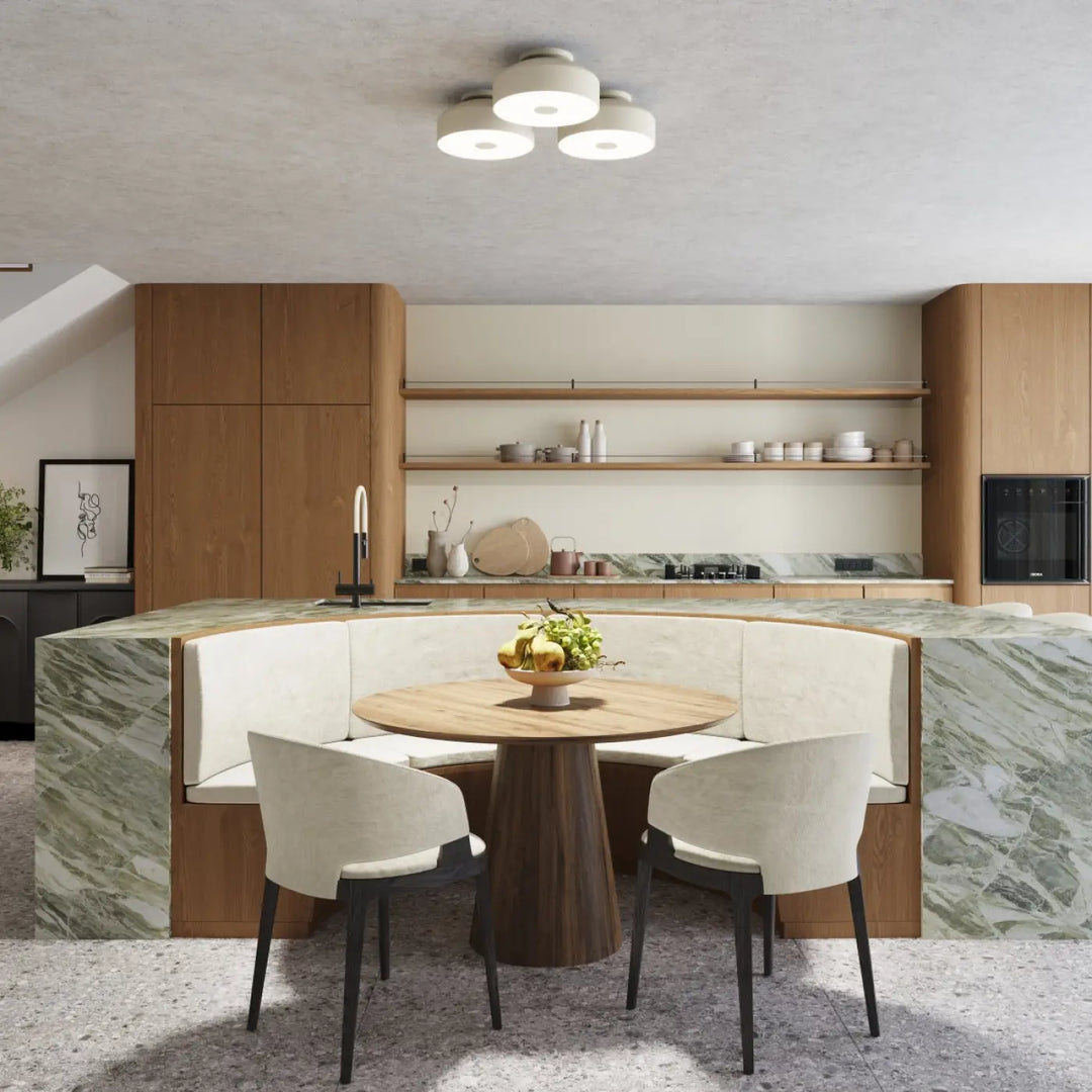 Plafonnier omiq beige allie simplicité et design exceptionnel avec un plateau circulaire clair sur base en bois foncé