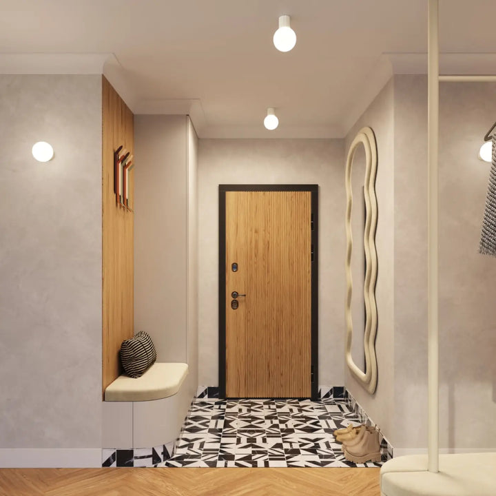Luminaire plafonnier halo beige avec porte en bois grain vertical cadre noir et poignée métallique bureau décorative