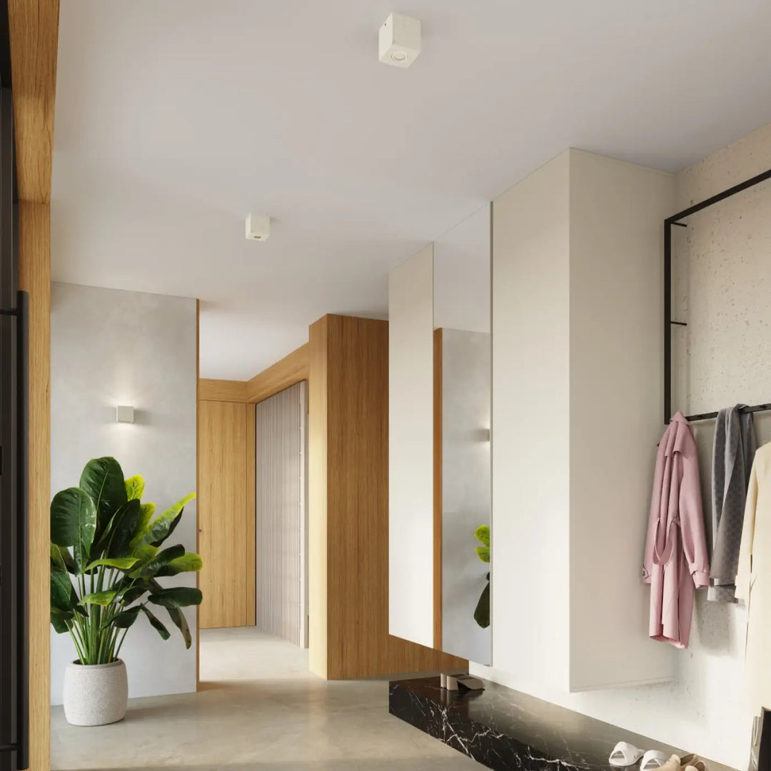 Plafonnier quad design contemporain en béton beige avec plante verte dans un pot en céramique blanche
