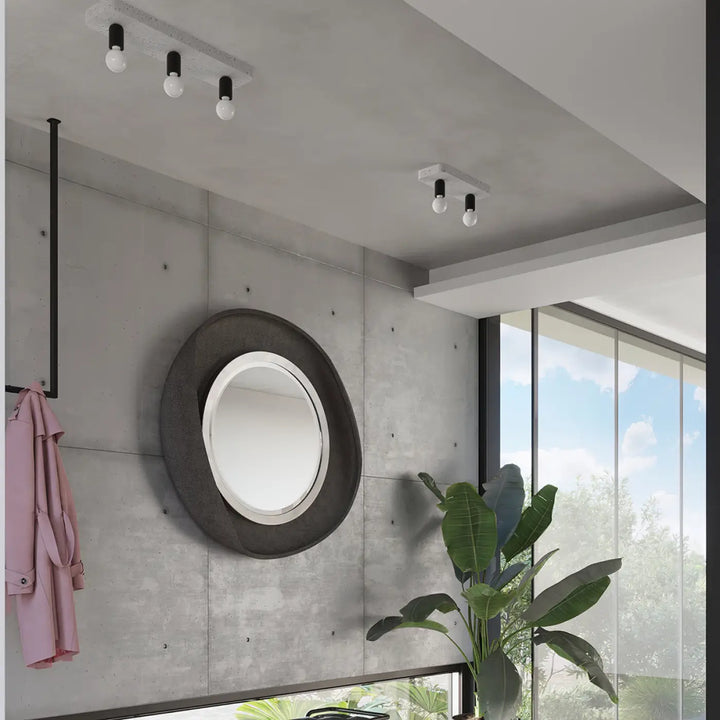 Luminaire plafonnier tavo 3 avec miroir circulaire cadre béton gris texturé et bord argenté pour une ambiance unique