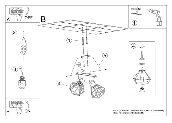 Luminaire plafonnier série artemis blanc avec deux abat-jours en verre facetté créant une atmosphère intime