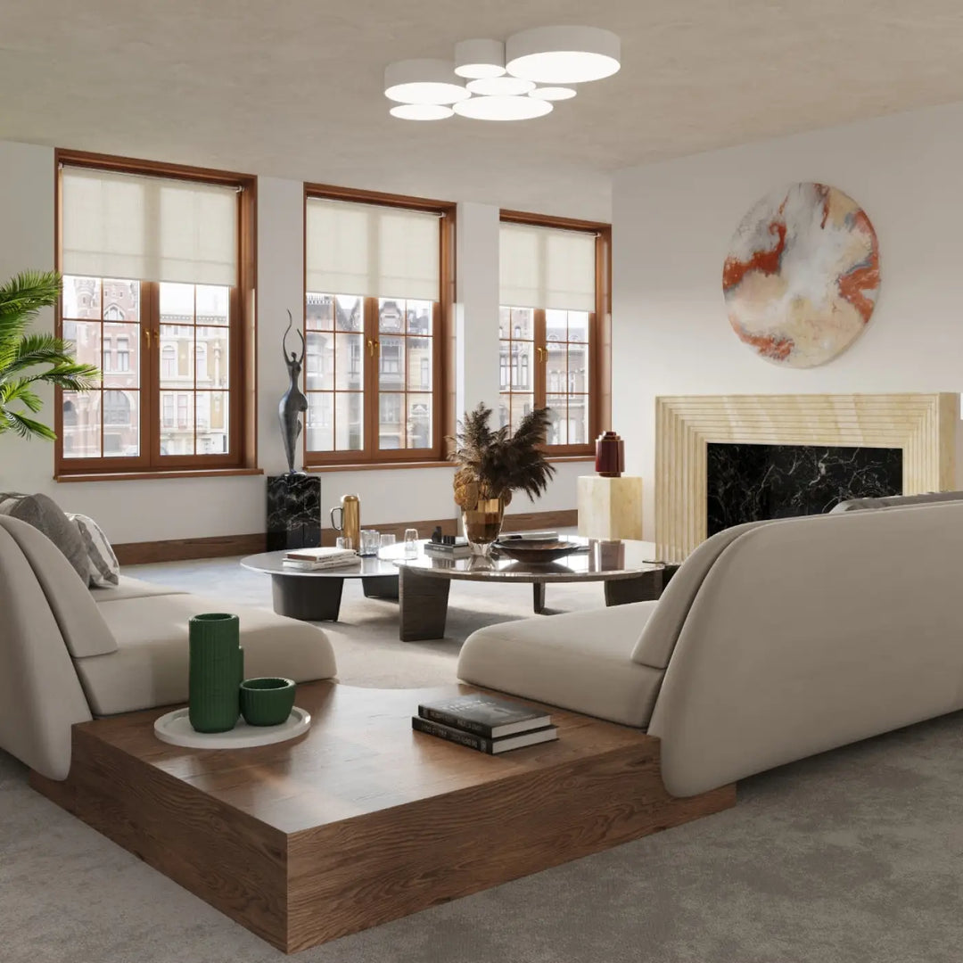 Luminaire plafonnier arena blanc avec éclairage polyvalent et forme riche éclaire un canapé sectionnel beige en tissu