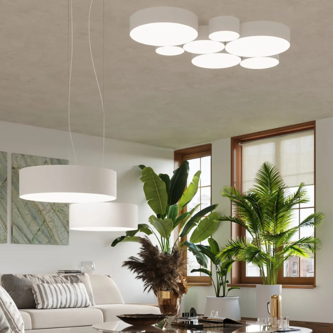 Luminaire plafonnier rond arena blanc avec forme riche et éclairage polyvalent pour intérieur moderne