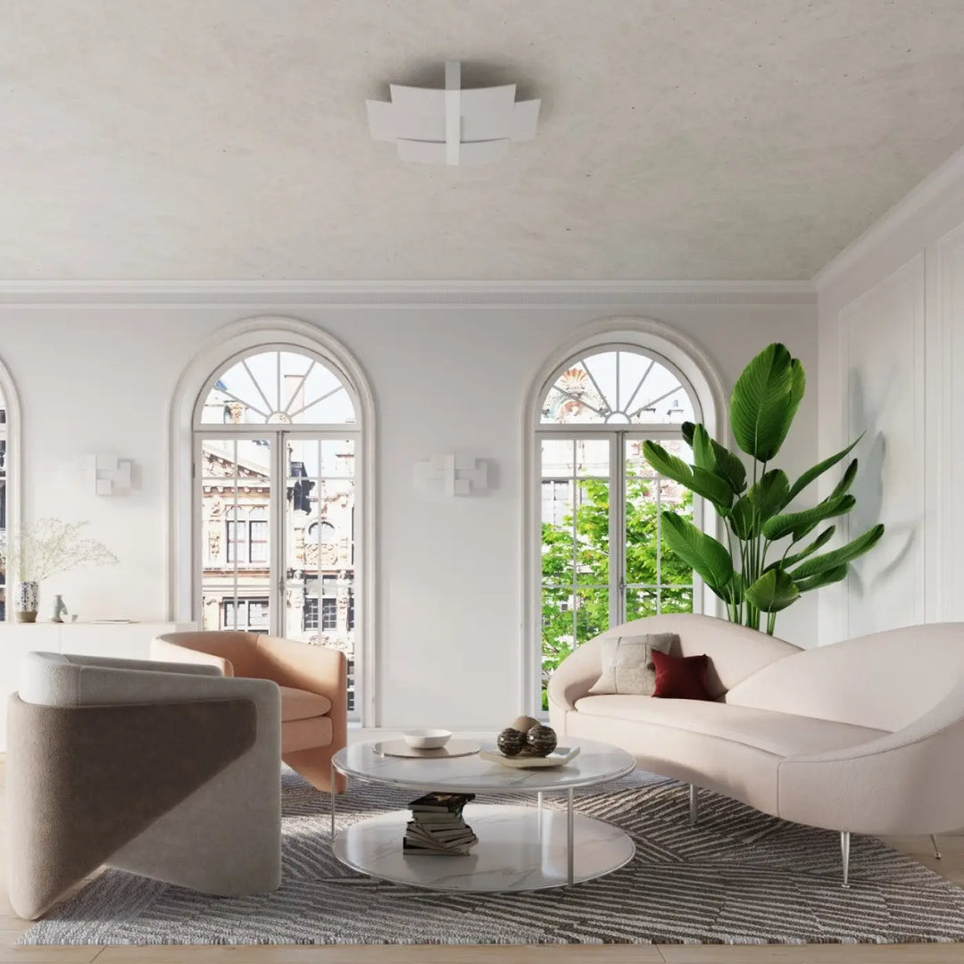 Luminaire plafonnier celia blanc avec un design intemporel géométrique fonctionnel en blanc met magnifiquement en valeur