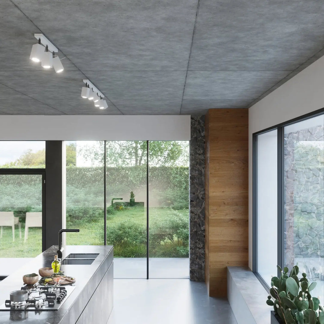 Luminaire plafonnier moderne merida 4 blanc avec spots merida en acier inoxydable pour diriger précisément la lumière
