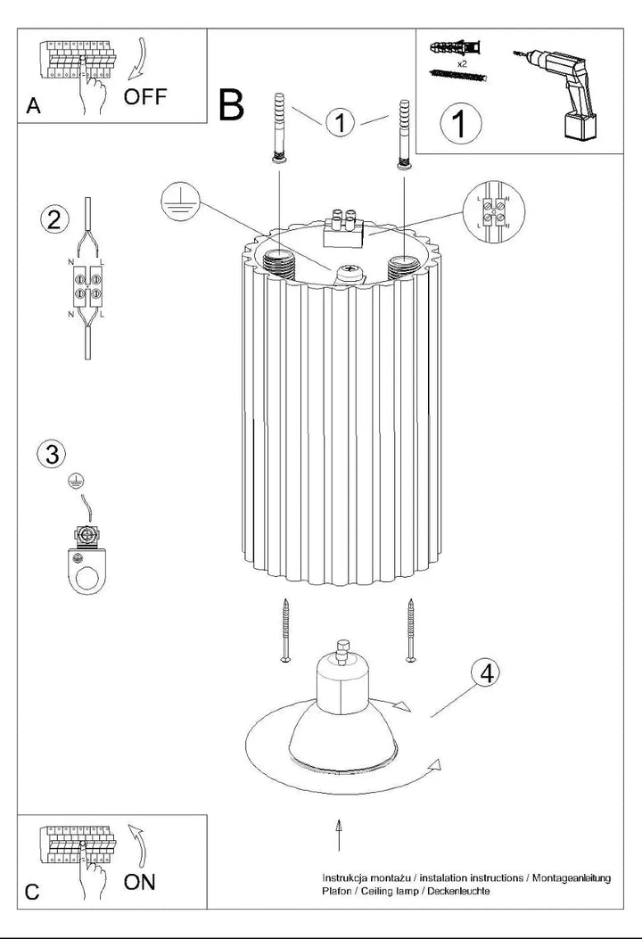 Le diagramme montre les composants pour installer le plafonnier karbon blanc avec ampoules gu10 interchangeables design minimaliste