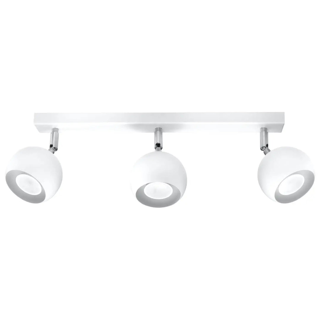 Plafonnier moderne oculare 3 blanc trois spots avec bras ajustables chrome et abat-jours sphériques en verre dépoli éclairez précisément avec un design original