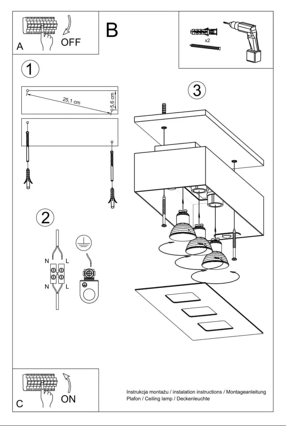 Plafonnier moderne blanc mono 3 avec spot allongé et sources lumineuses en forme de dômes suspendus géométriques