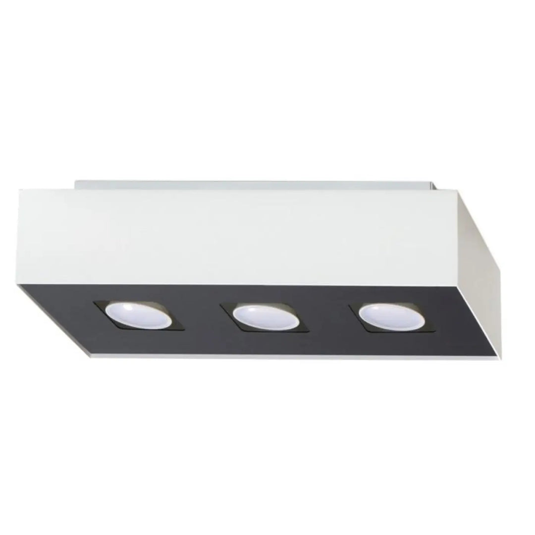 Plafonnier moderne mono 3 blanc rectangulaire avec spot allongé et trois sources lumineuses led encastrées