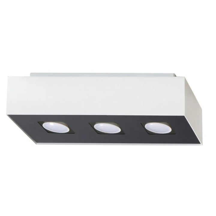 Plafonnier moderne mono 3 blanc rectangulaire avec spot allongé et trois sources lumineuses led encastrées