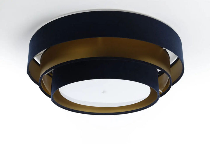 Luminaire plafonnier bleu marine triniti elegant en velours bleu marine et métal doré avec diffuseur en verre dépoli circulaire