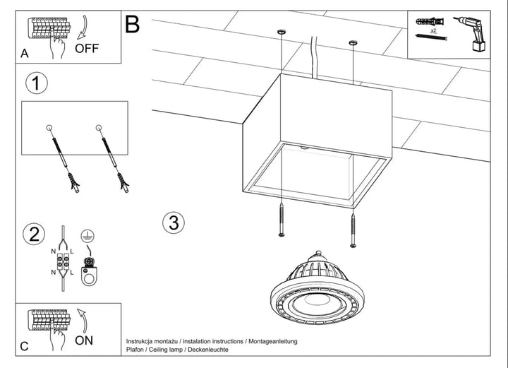 Luminaire plafond quatro 1 en bois naturel avec lampe carrée à lumière circulaire nervurée et fixation métallique
