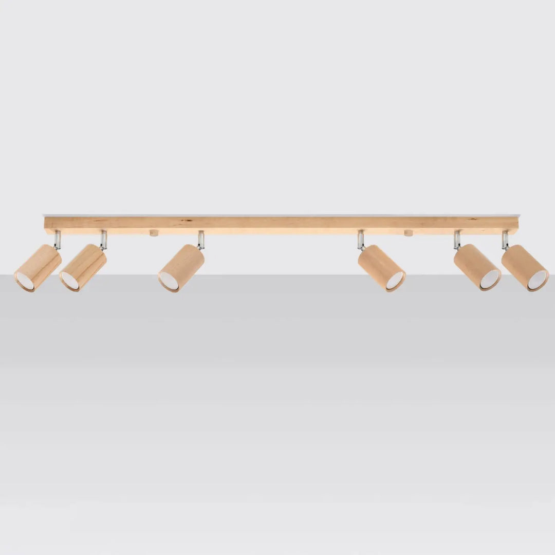 Luminaire plafonnier berg 6 bois naturel avec rail en bois naturel et cinq abat-jours berg cylindriques ajustables forme simple