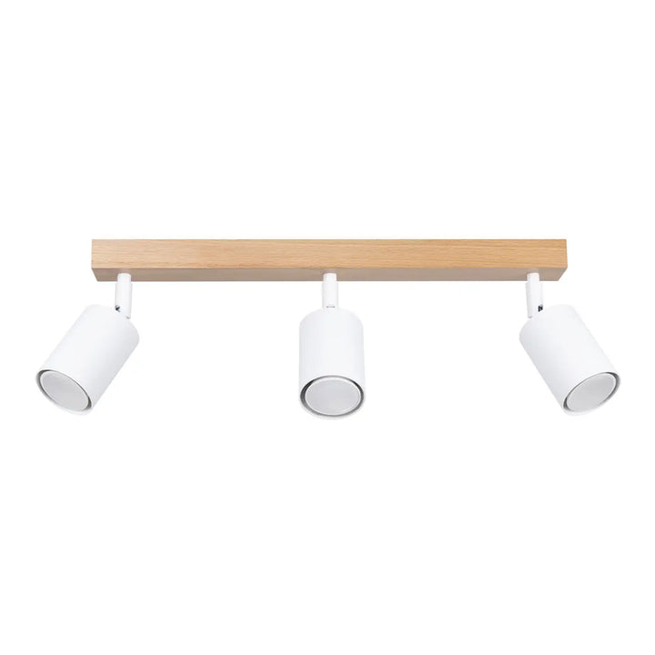 Plafonnier verdo design moderne avec spots cylindriques blancs montés sur poutre en bois clair