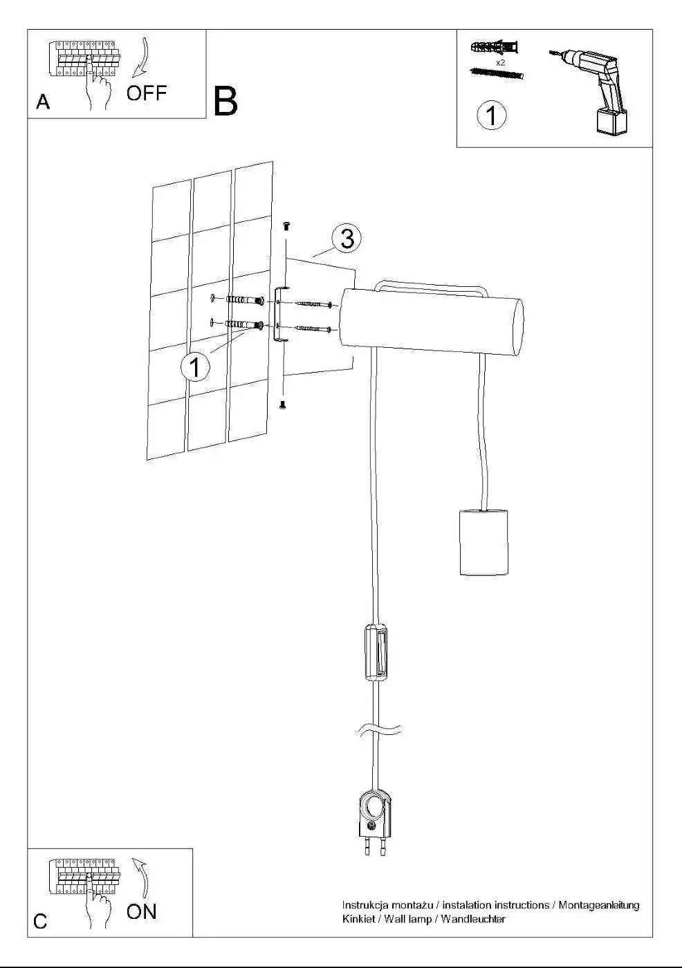 L’applique murale blanche cheminée nimbi avec abat-jour cylindrique et câble avec interrupteur pour intérieur