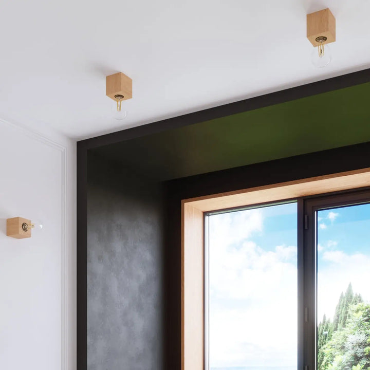 Plafonnier ariz avec boîtier en bois naturel carré et ampoules à filament apparent sentez mieux
