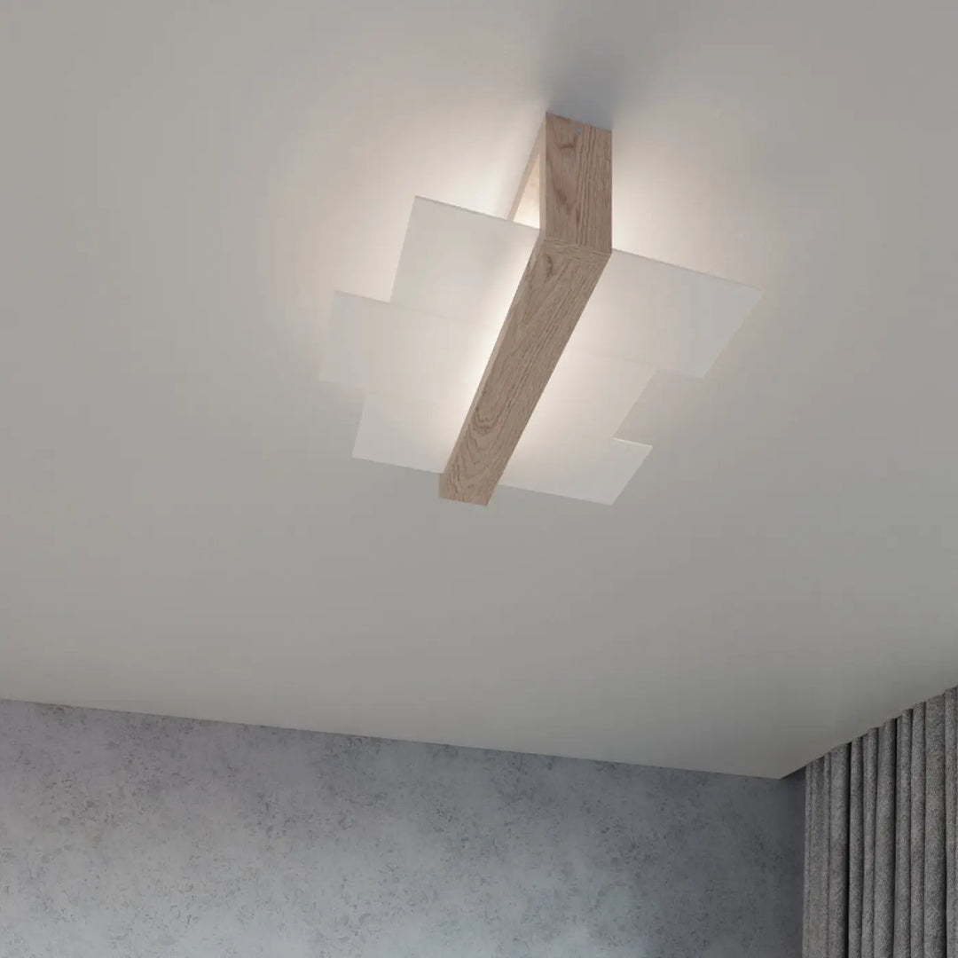Luminaire plafonnier feniks 2 en bois naturel avec panneaux en verre dépoli design intemporel pour une atmosphère unique