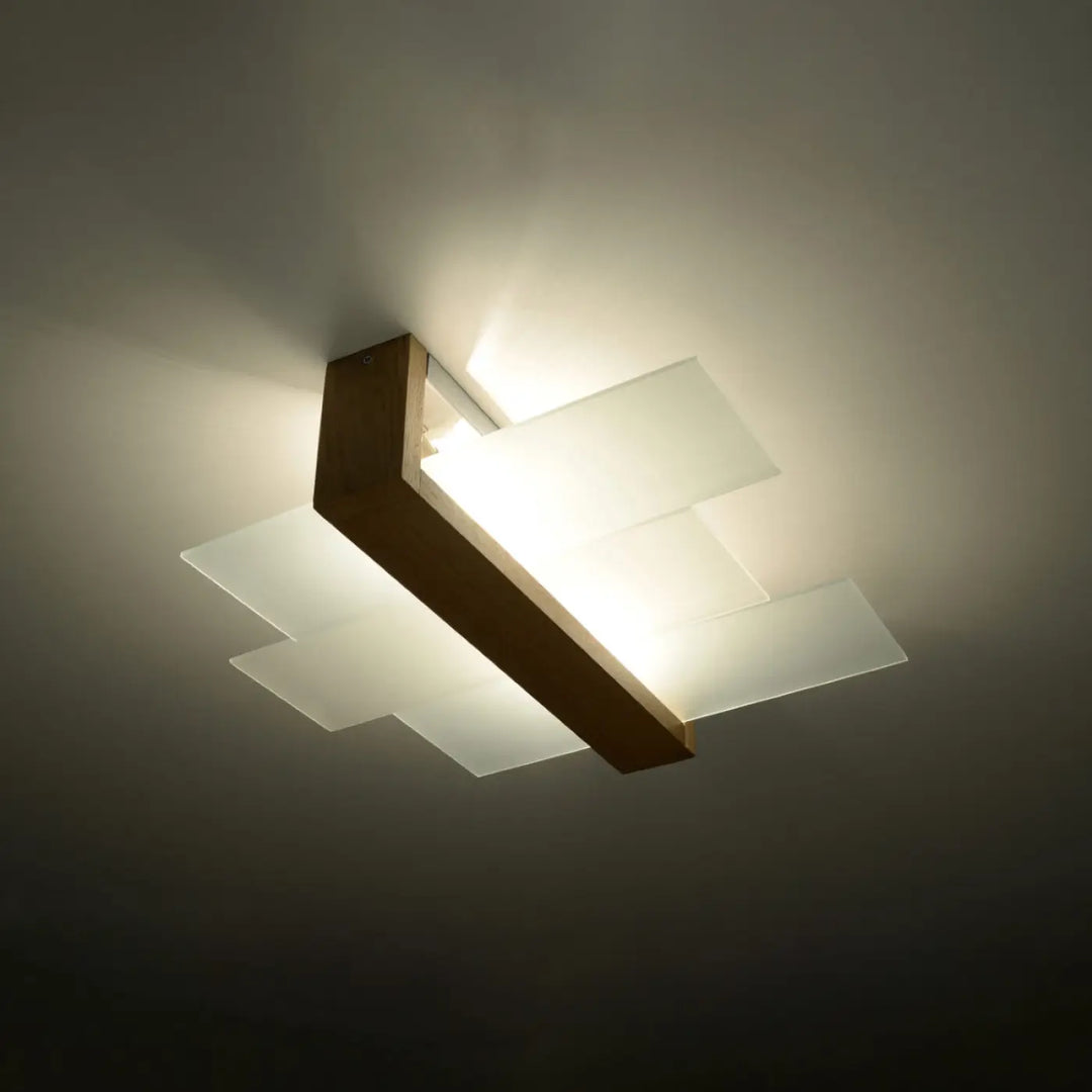 Luminaire plafonnier feniks 2 en bois naturel avec panneaux en verre dépoli et cadre en bois foncé design intemporel