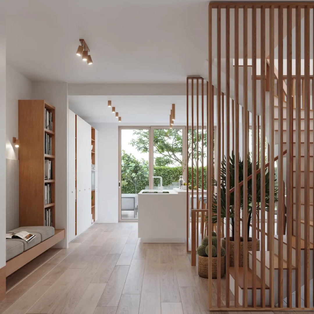 Luminaire plafonnier zeke 4 en chêne naturel avec écran à lattes verticales style loft lampe zeke