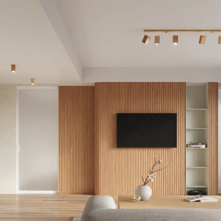 Luminaire plafonnier keke 6 en chêne avec un écran télé noir s intégrera parfaitement dans un style loft bois