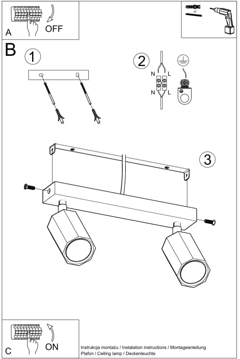 Diagramme dinstallation pour plafonnier zeke 2 moderne en bois chêne avec deux spots réglables lampe zeke bois s’intégrera parfaitement