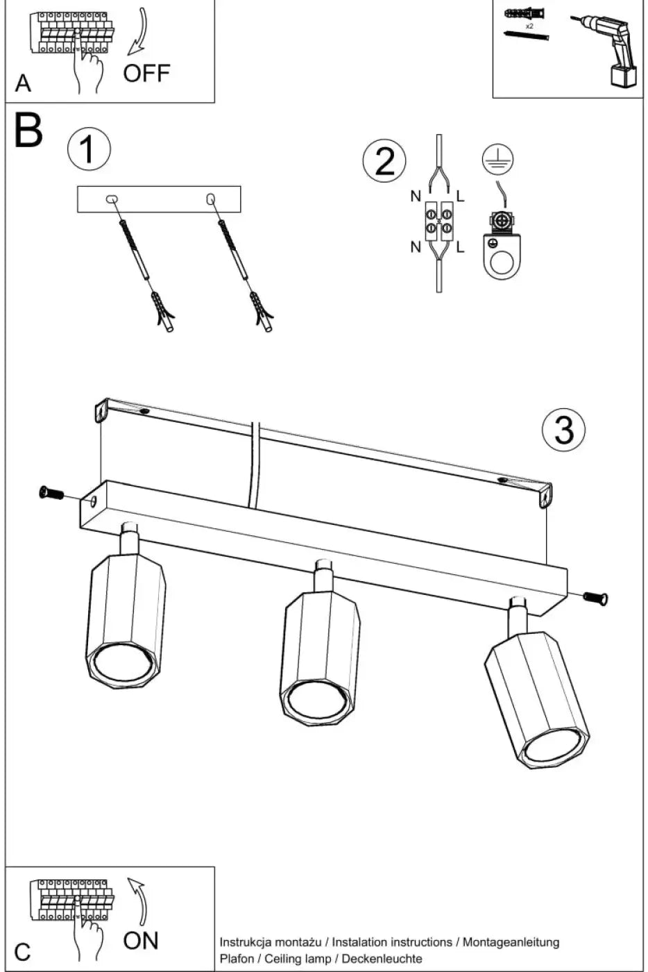 Diagramme dinstallation pour lampe zeke plafonnier zeke 3 en chêne bois sintégrera parfaitement avec intérieur moderne