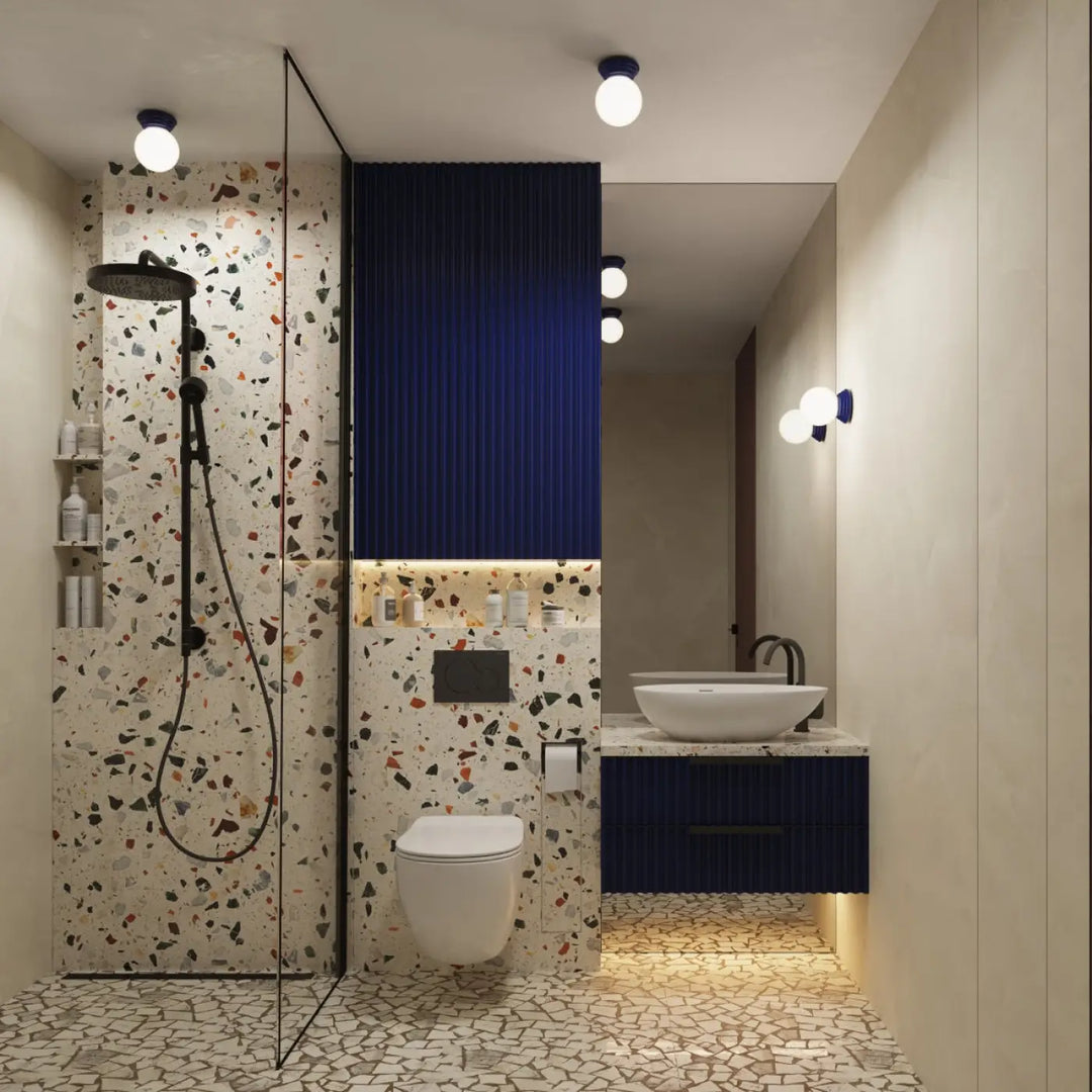 Luminaire plafonnier lampe zori ultramarine avec éclairage encastré sublime une salle de bain moderne à belle décoration