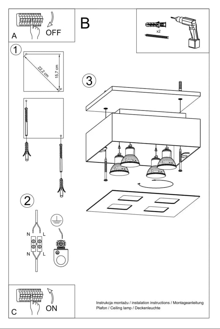 Diagramme dassemblage de plafonnier moderne mono 4 blanc avec spot allongé et schémas de sources lumineuses