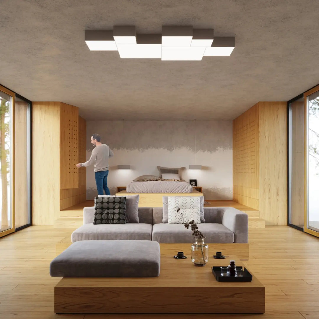 Luminaire plafonnier horus 55 gris avec forme riche et éclairage polyvalent sous un design moderne et géométrique plafonnier carré