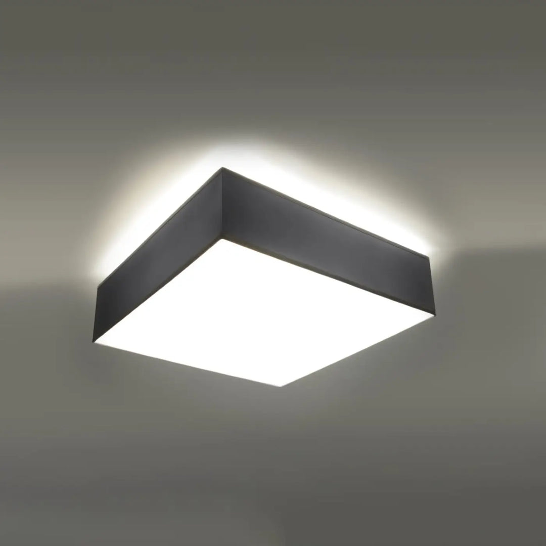 Luminaire plafonnier gris allumé, vue rapprochée